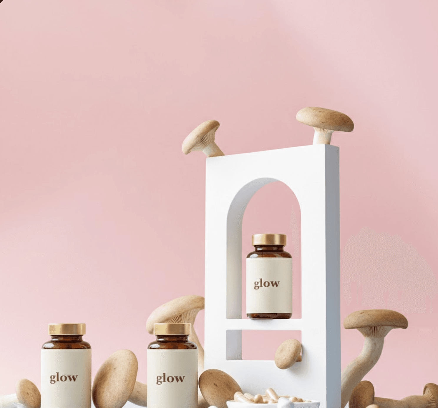 Glow Biome probiotic bottles with mushrooms